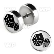 8me0 steel fake plug laser edged dice logo on one of the sides belly piercing