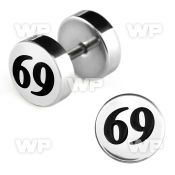 8mek steel fake plug laser edged 69 logo on one of the sides belly piercing