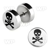 8ml steel fake plug laser edged skull bones logo on one of belly piercing
