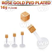 albttd25 bio  flex labret w 25mm rose gold pvd plated steel dice