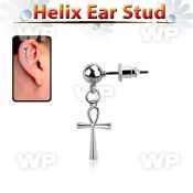 ball shaped 316l steel ear stud w dangling ankh cross 