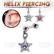 bber78 steel helix barbell w dangling star w encased round cz 
