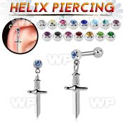 bber85 steel helix barbell 16g w jewel balls dangling dagger