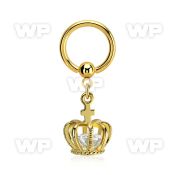bcrtgz6 gold plated 316l steel bcr, 14g w dangling crown w cz
