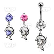 bnrz300 casted steel cz belly banana w dolphin design w cz stone