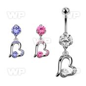 bnrz362 casted steel cz belly banana w heart w a prong set cz