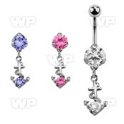 bnrz371 casted steel cz belly banana w anchor design w round cz