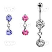 bnrz372 casted steel cz belly banana w dangling round cz stone