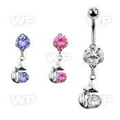 bnrz378 casted steel cz belly banana w lady cat design round cz