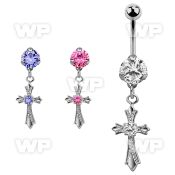 bnrz379 casted steel cz belly banana w vintage style cross w cz