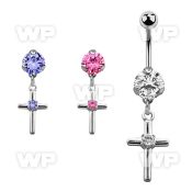 bnrz394 casted steel cz belly banana w cross w round cz