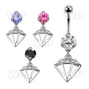 bnrz575 casted steel cz belly banana w dangling diamond shaped