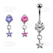 bnrz585 casted steel cz belly banana w prong set star shaped cz
