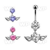 bnrz586 casted steel cz belly banana w heart shaped cz w wings