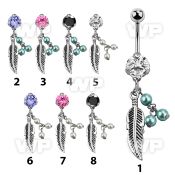 bnrz601 casted steel cz belly banana w feather w 3 faux pearls