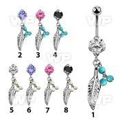 bnrz601b casted steel cz belly banana w feather faux turquoise