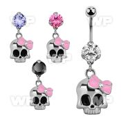 bnrz650 casted steel cz belly banana w skull w a pink ribbon