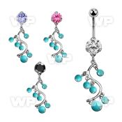bnrz695 casted steel cz belly banana w vine faux turquoise balls