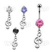 bnrz709 casted steel cz belly banana w dangling musical note