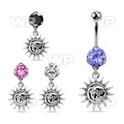 bnrz726 casted steel cz belly banana w dangling plain sun 