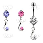 bnrz730z casted steel cz belly banana w dangling single cz 