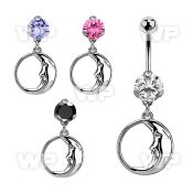 bnrz733 casted steel cz belly banana w dangling sleepy moon