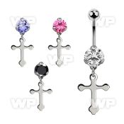 bnrz756 casted steel cz belly banana w dangling plain cross