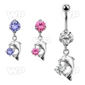 bnrz7 casted steel cz belly banana w dolphin w prong set cz