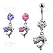 bnrz7x casted steel cz belly banana w small dolphin w round cz