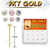 box  9kt gold bend it nose stud w 1.5 & 2mm color czs