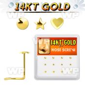 box w 12 14kt gold nose screws w assorted shaped tops 