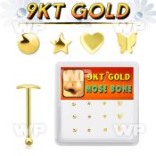box w 9kt gold nose bones w assorted shaped tops 