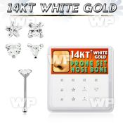 box w white 14kt gold nose bones w assorted prong set cz 