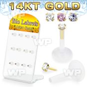 dgbizm2 bioflex labrets 14k gold push pin tops cz prong set