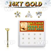 dgnb20 box w 14kt gold nose bones w 3mm cz in mixed shapes