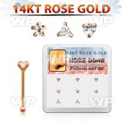drnb21 box w 14kt rose gold nose bone w cz star triangle heart