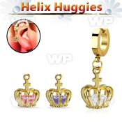 ehgz590 gold stainless steel helix huggie w dangling crown w cz
