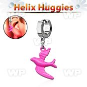 ehh454 steel helix huggie w pink color painted bird 