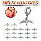 ehh463 steel helix huggie w plain bird with a center crystal 
