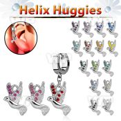ehh550 helix huggie w a dangling dove with tiny crystals