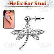 erbd566 316l steel helix ear stud ball with dangling dragonfly