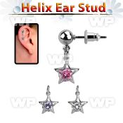 erbdz414 ball shaped steel helix ear stud w dangling star w cz