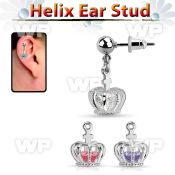 erbdz590 ball steel ear stud w dangling crown with a cz