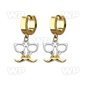 erg507 gold steel huggies earrings w dangling mustache glasses