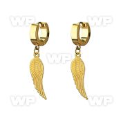 erg584 gold steel huggies earrings w dangling bird wing