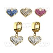 erg705 gold steel huggies earrings w dangling crystal heart