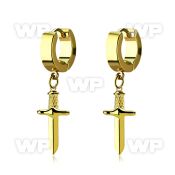 erg768 gold stainless steel huggies w a dangling dagger 