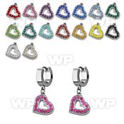 erh402 steel huggies earrings w dangling crystal studded heart