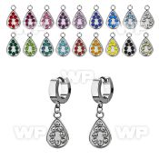erh403 steel huggies earrings w dangling teardrop w crystals