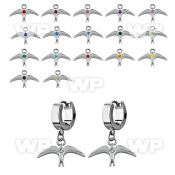 erh463 steel huggies earrings w dangling plain bird w crystal